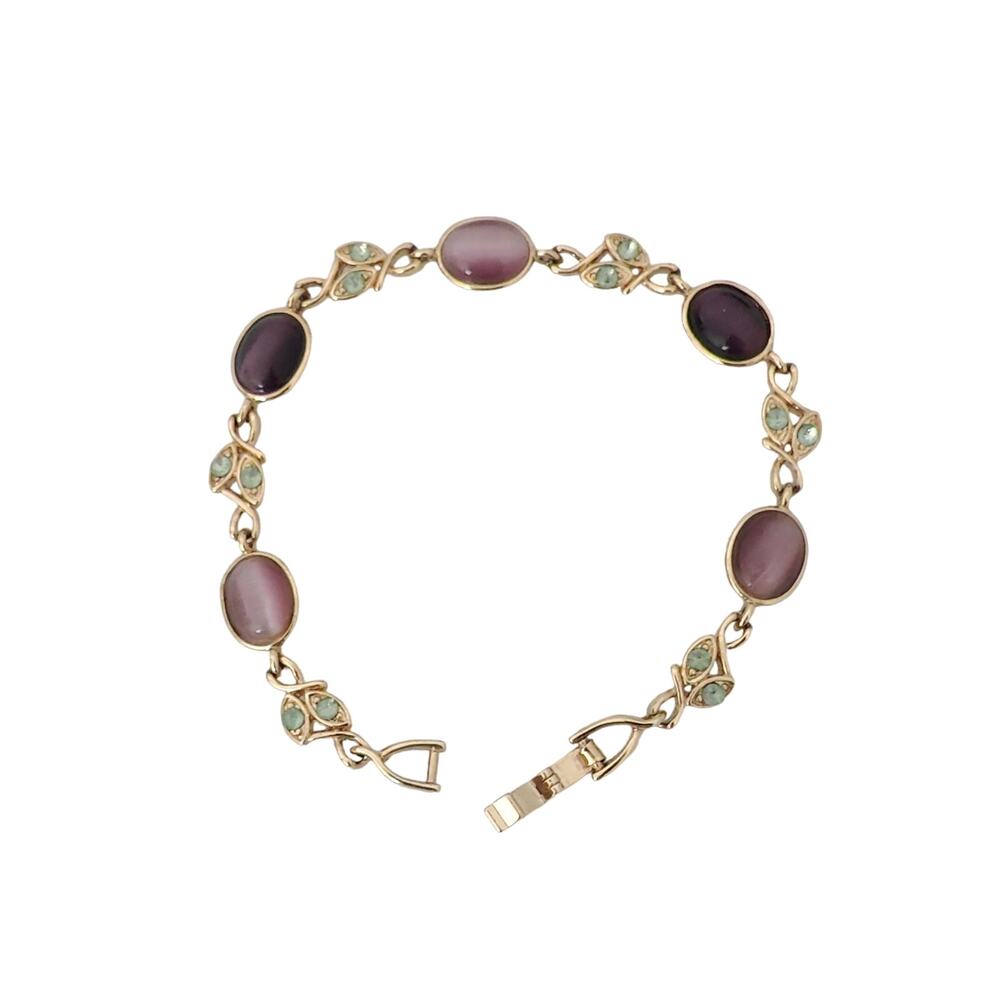 Purple Amethyst Green Peridot Floral Beveled Gemstone Gold Tone Bracelet Estate
